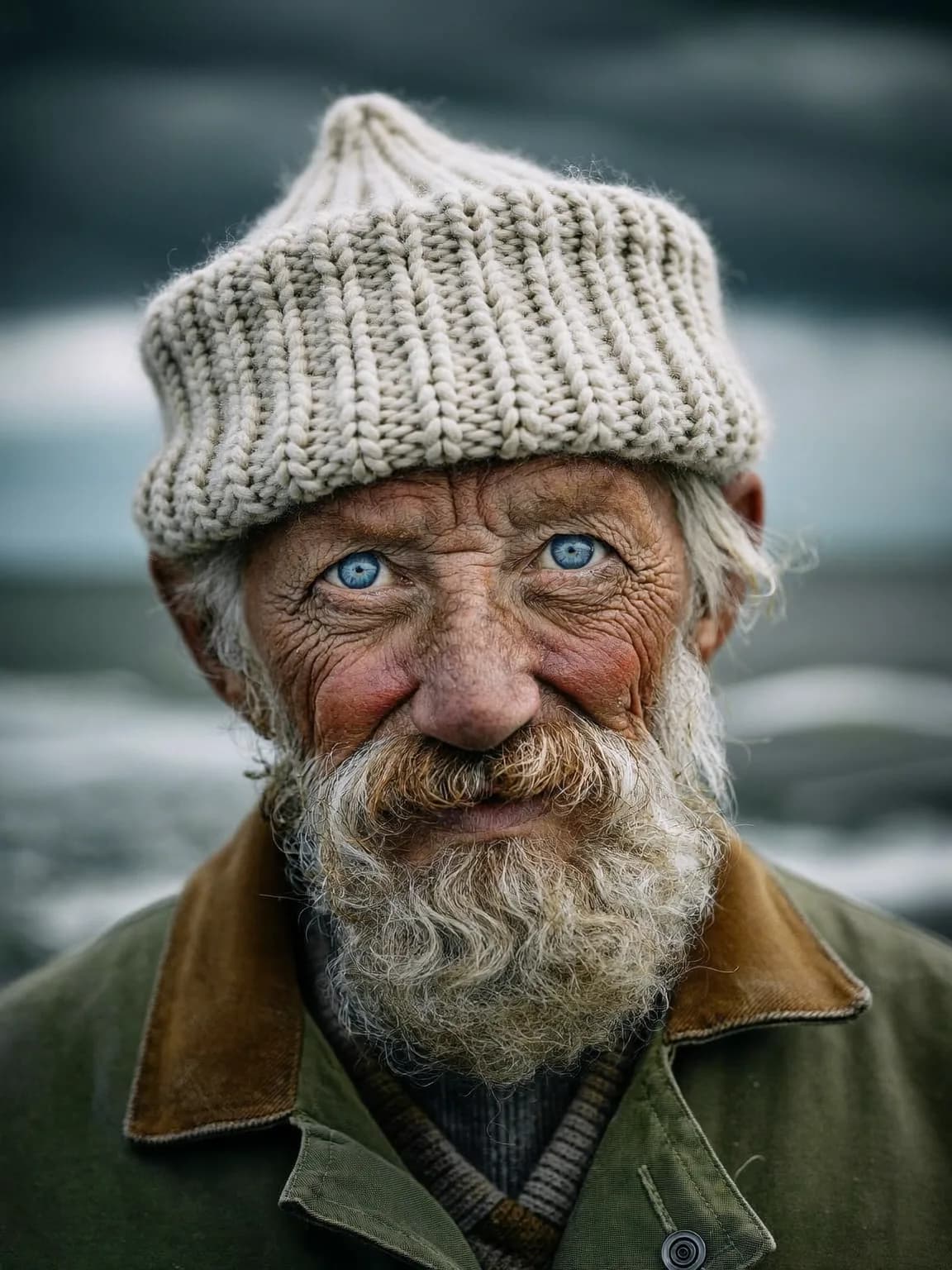 Close-up portrait of an elderly fisherman with a weathered face and a thick knitted wool cap, stormy grey sea behind him, soft overcast light, deep wrinkles and piercing blue eyes, documentary photography