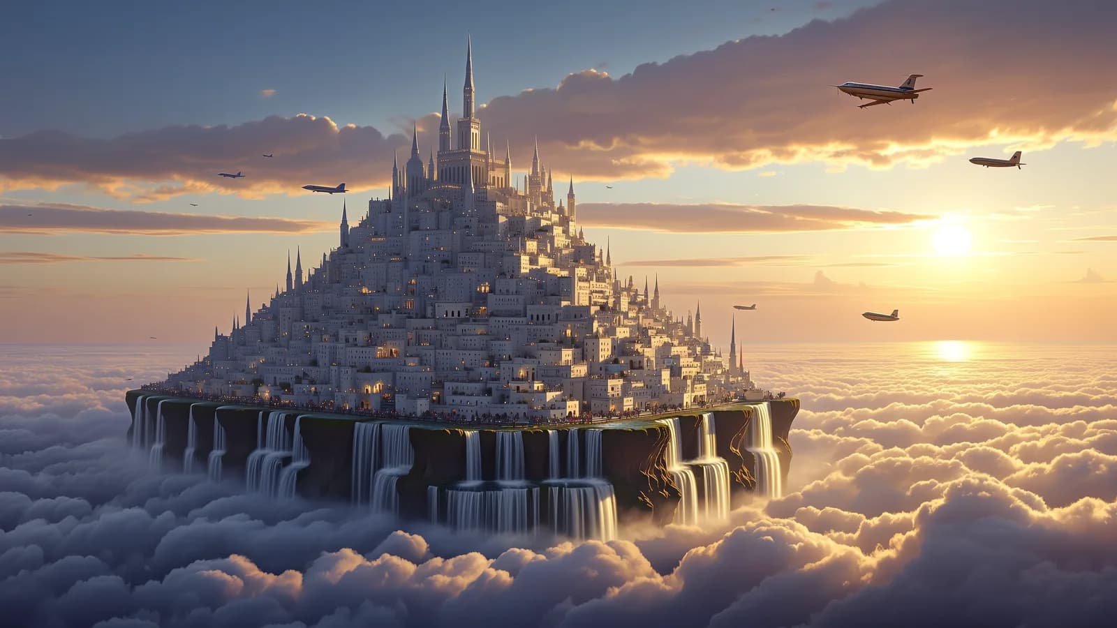 A floating island city of terraced white towers and waterfalls pouring into a sea of clouds at sunset, airships drifting between spires, epic matte painting, luminous atmosphere, ultra detailed