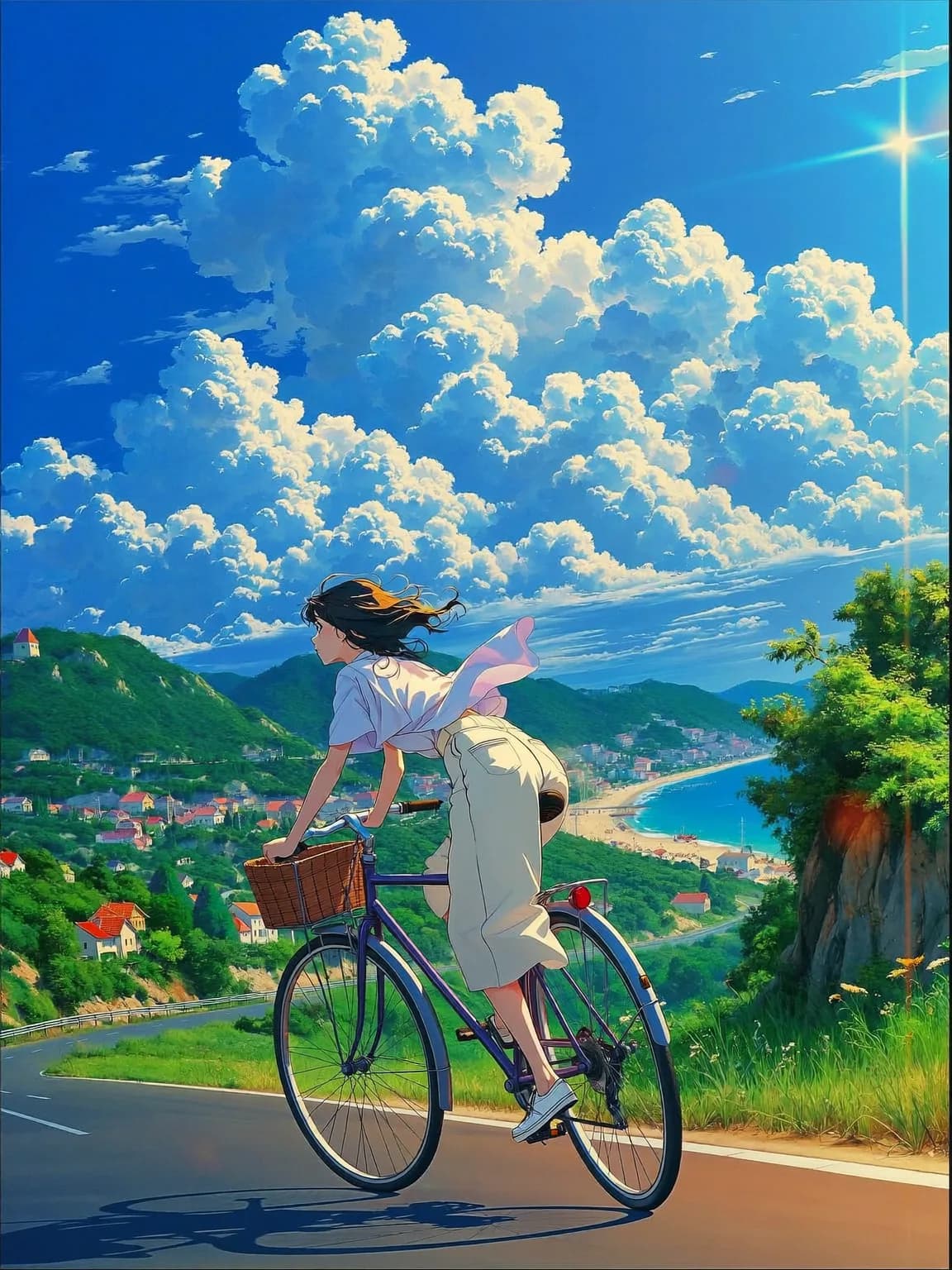 Anime key visual of a girl on a bicycle racing down a hillside road toward a seaside town in summer, towering cumulus clouds, cicada-hot afternoon light, cel shading, vivid blues and greens