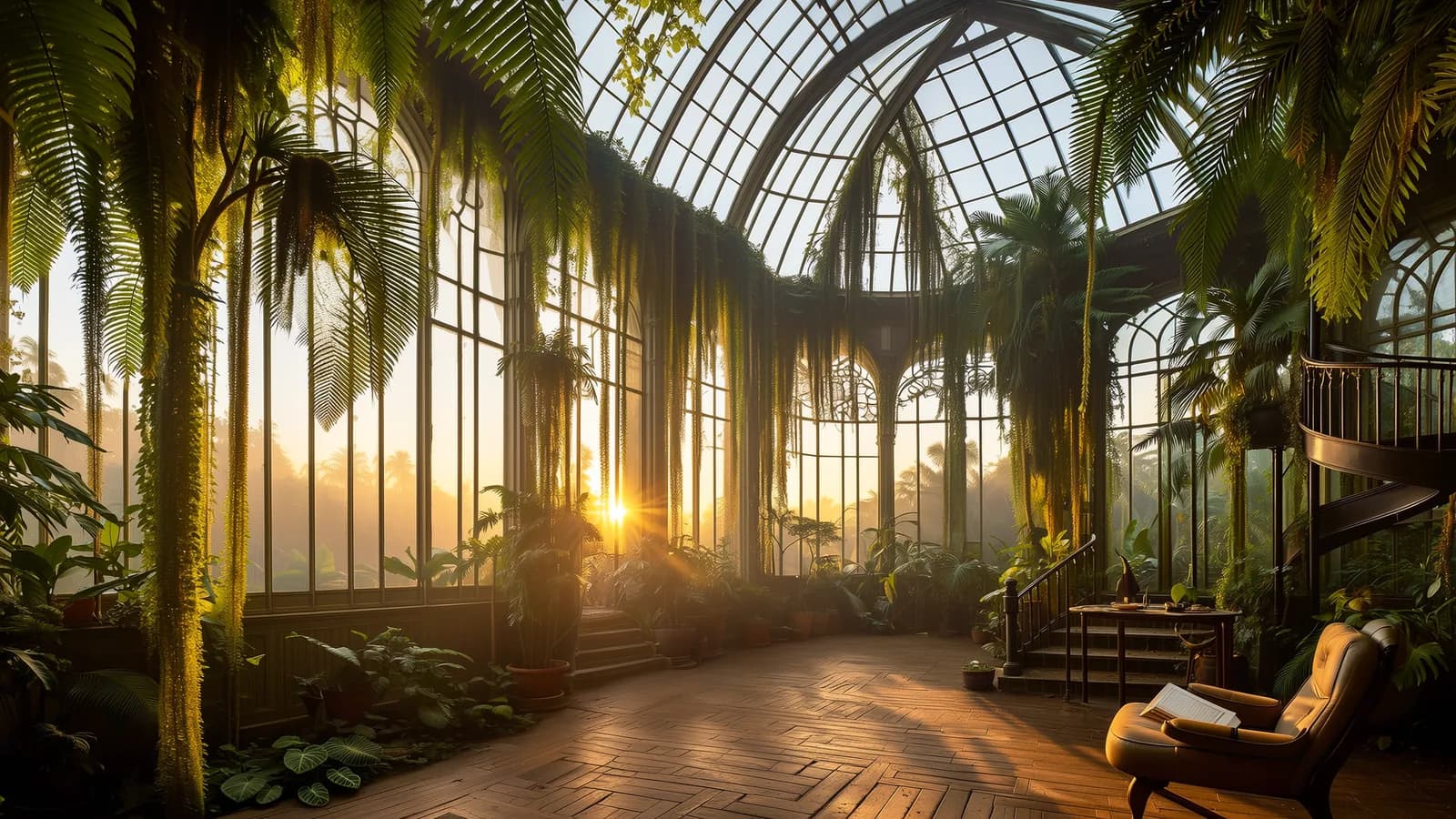 Grand interior of an overgrown glass conservatory at sunrise, giant tropical ferns and hanging vines, shafts of warm light cutting through dusty air, a spiral iron staircase, a reading chair with an open book, cinematic wide shot, richly detailed, painterly realism